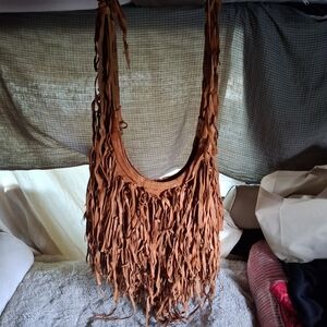Boho Fringe Leather Shoulder Bag - Tan